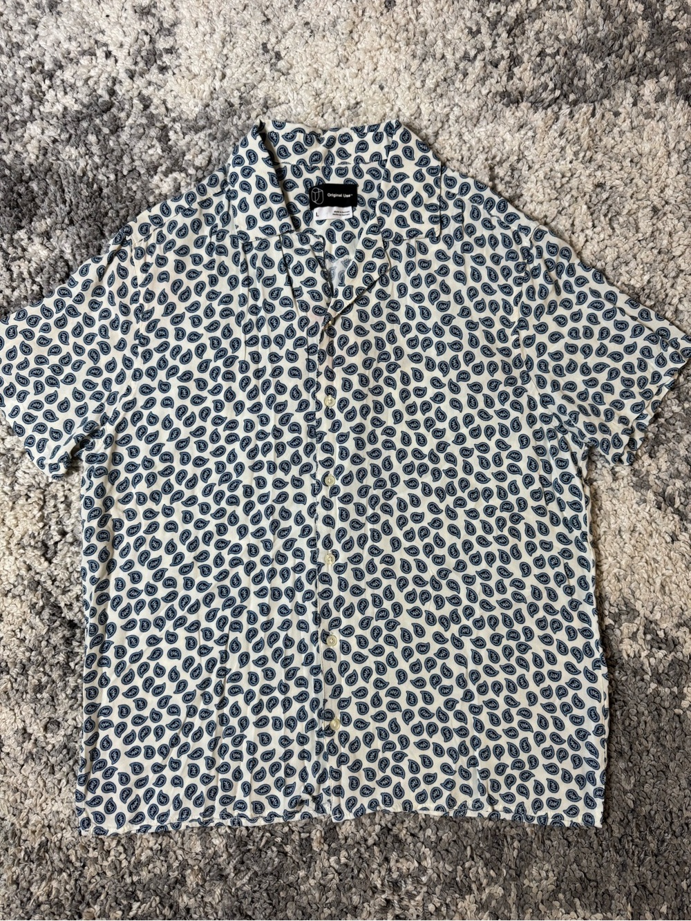 Original Use, Mens Blue Paisley Print Short Sleeve Casual Button Down Shirt, L